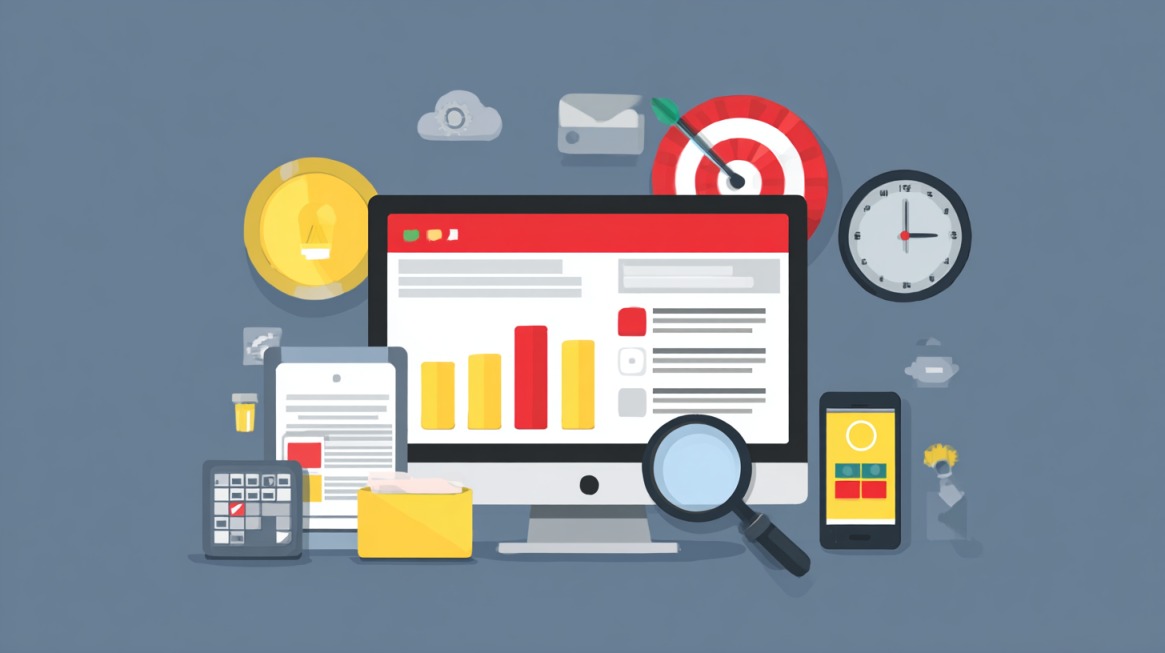Ilustracija računara, telefona i tableta sa prikazom web stranice i analitičkih grafikona